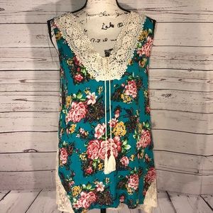 Umgee Teal and Pink Floral Sleeveless Tunic Size S